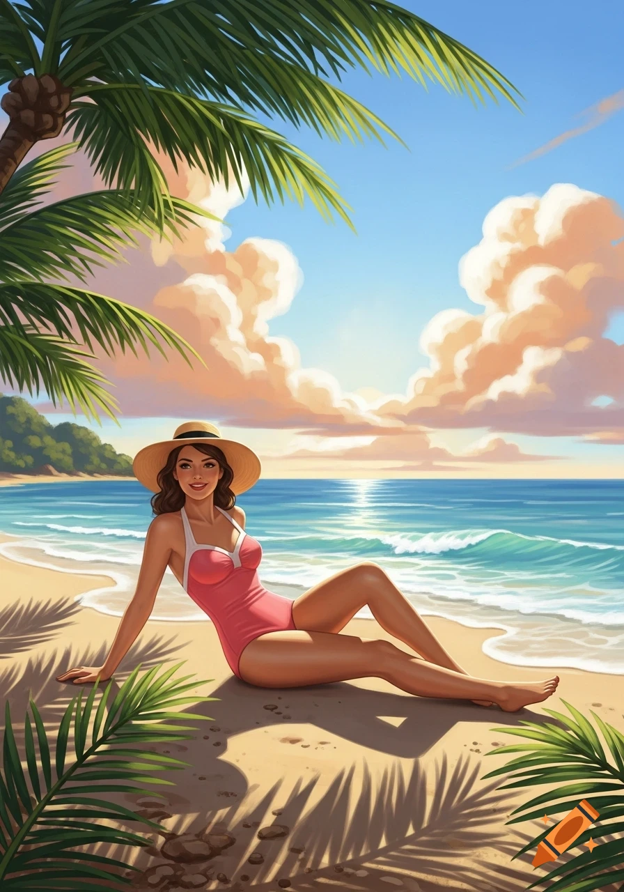 Illustration of a woman in a pink swimsuit and hat relaxing on a tropical beach with palm trees.