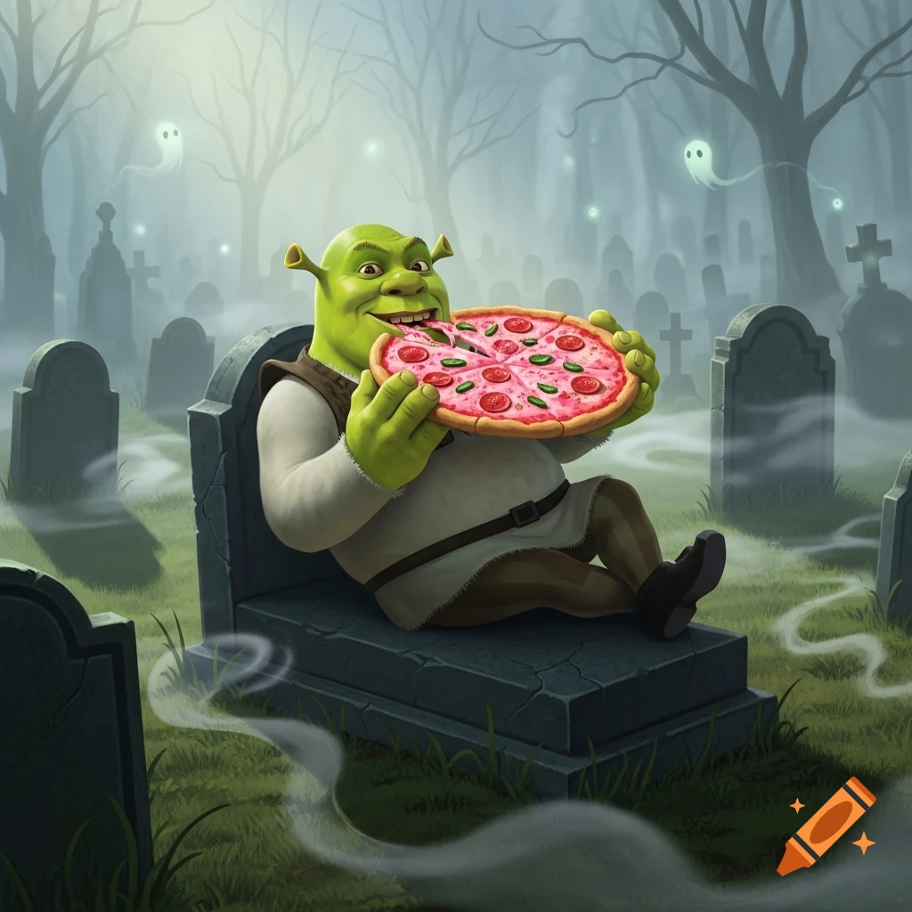 Shrek sits on a tombstone in a misty cemetery with ghosts, happily eating a pink pizza.