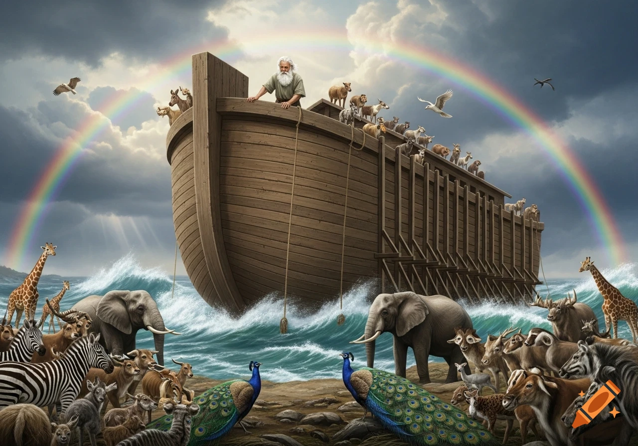 Detailed illustration of Noah on his ark amidst stormy waters, with a multitude of animals gathered around, under a bright rainbow.