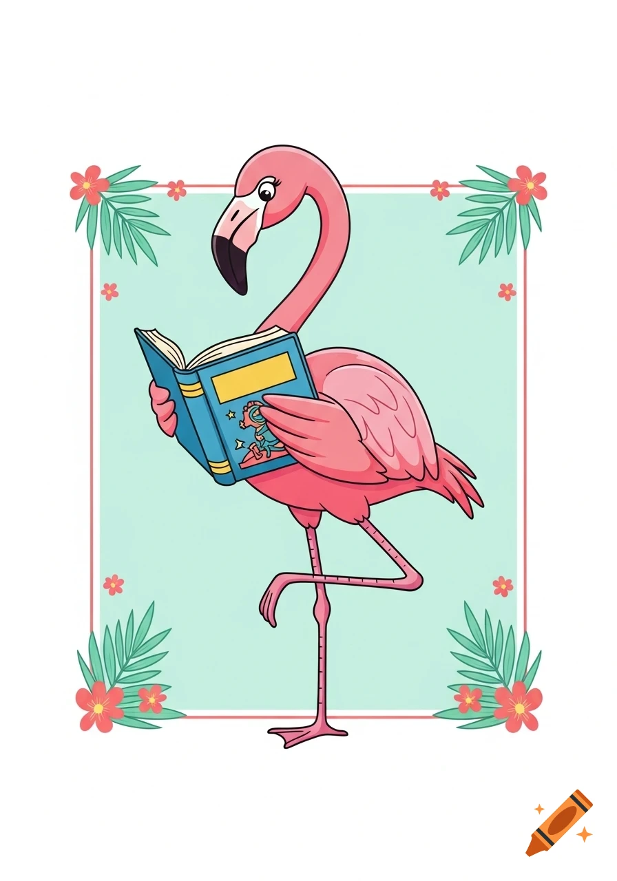 A pink cartoon flamingo stands on one leg, reading a book, framed by tropical leaves and red flowers on a light blue background.
