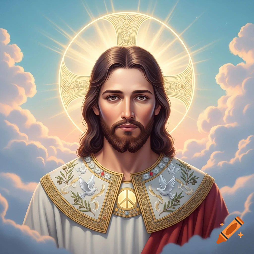 A depiction of Jesus with a beard, long hair, a halo, and an ornate collar with doves and a peace sign, set against a cloudy sky.