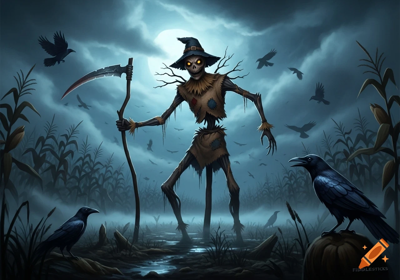Skeletal scarecrow with glowing eyes and a scythe stands in a dark, foggy cornfield under a full moon, surrounded by black crows.