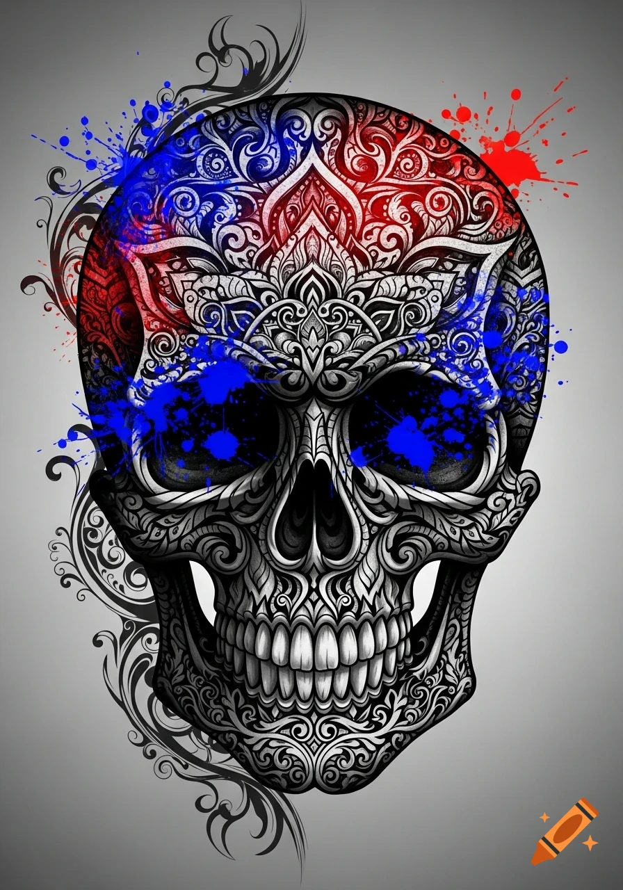 Intricate black and white skull illustration with red and blue paint splashes and swirling decorative patterns.