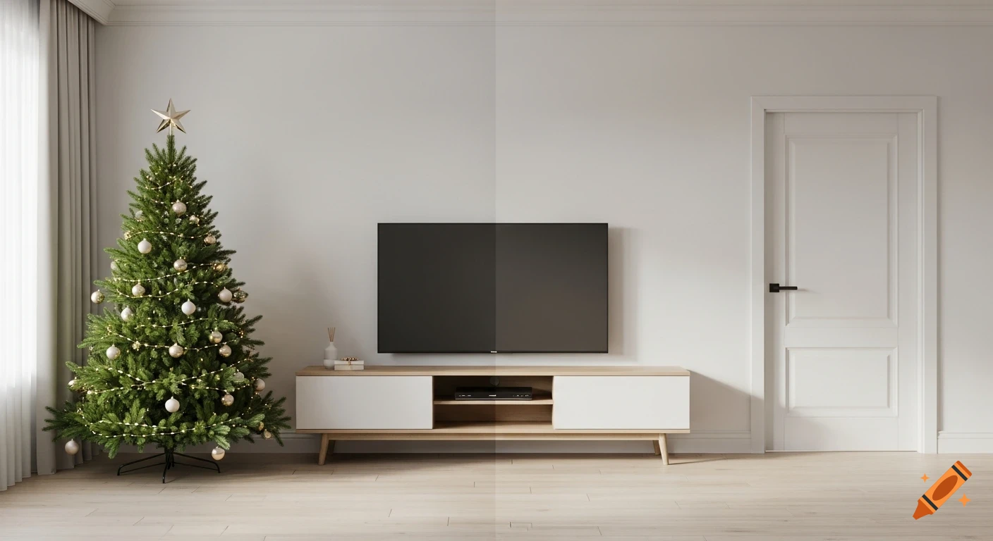 A neutral modern living room split into two side-by-side versions; left with a decorated Christmas tree, right without.
