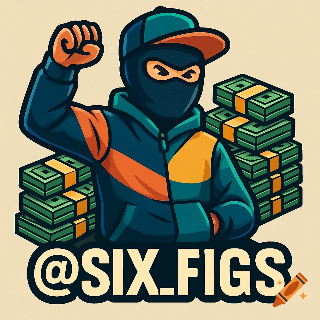 A vector illustration of a masked character wearing a cap and athletic jacket with one arm raised, surrounded by stacks of money, and text reading "@SIX_FIGS" at the bottom.