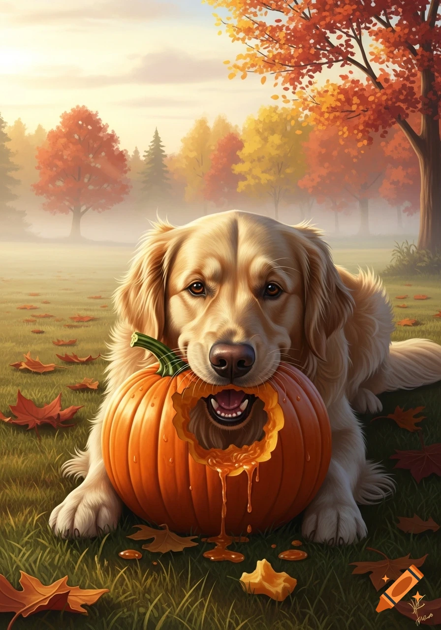 A golden retriever lies in an autumn park, holding a pumpkin in its mouth from which pulp drips onto the fallen leaves.