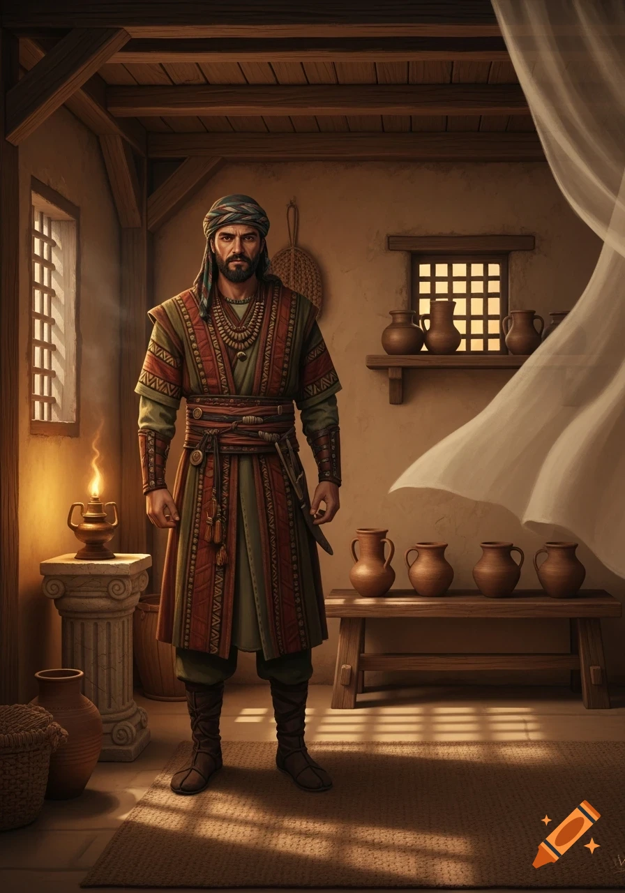 A man with a beard and a turban in traditional robes stands in a rustic room with clay pots and a lit oil lamp.