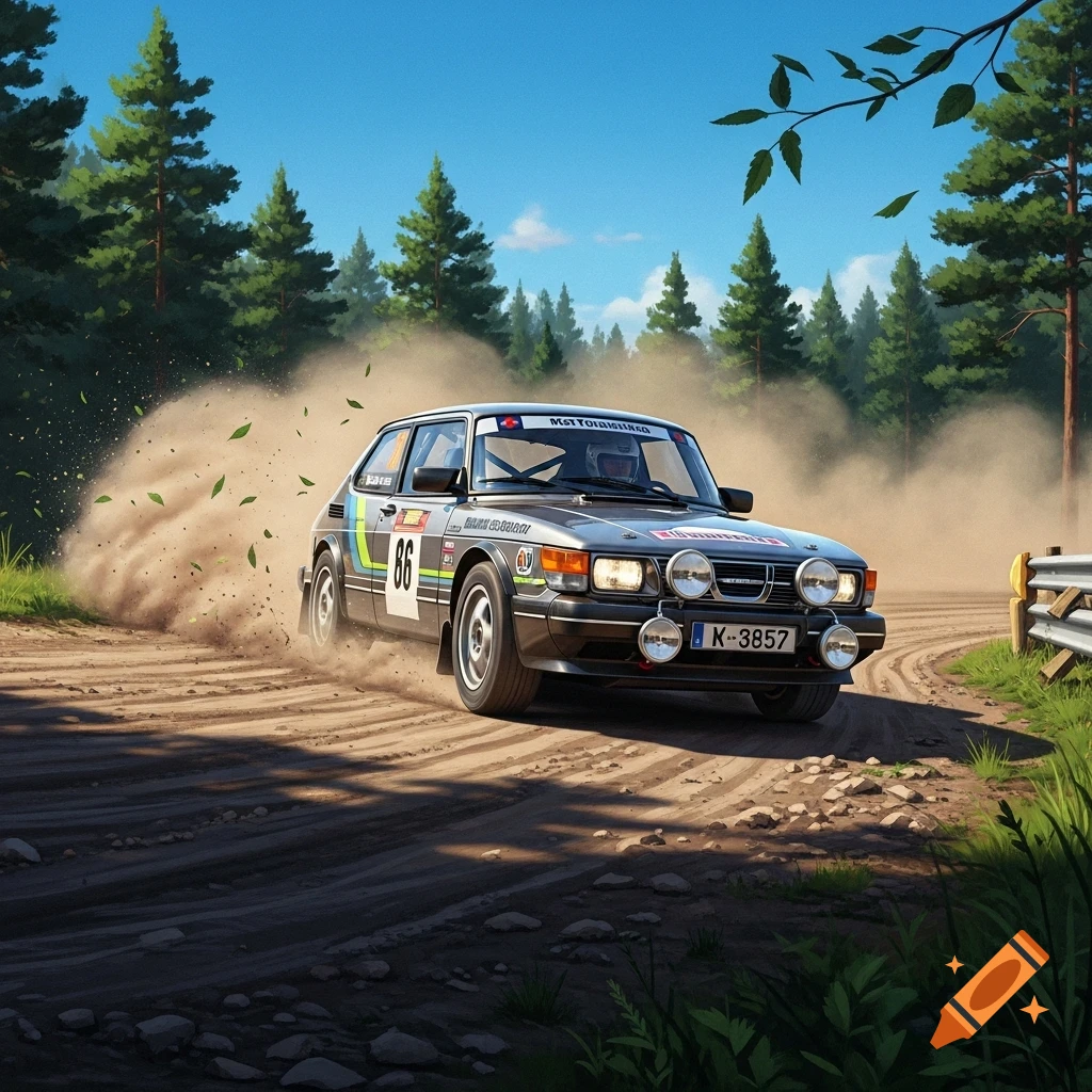 A grey Saab 900 rally car with the number 86 on its side kicks up a cloud of dust on a dirt road through a forest.
