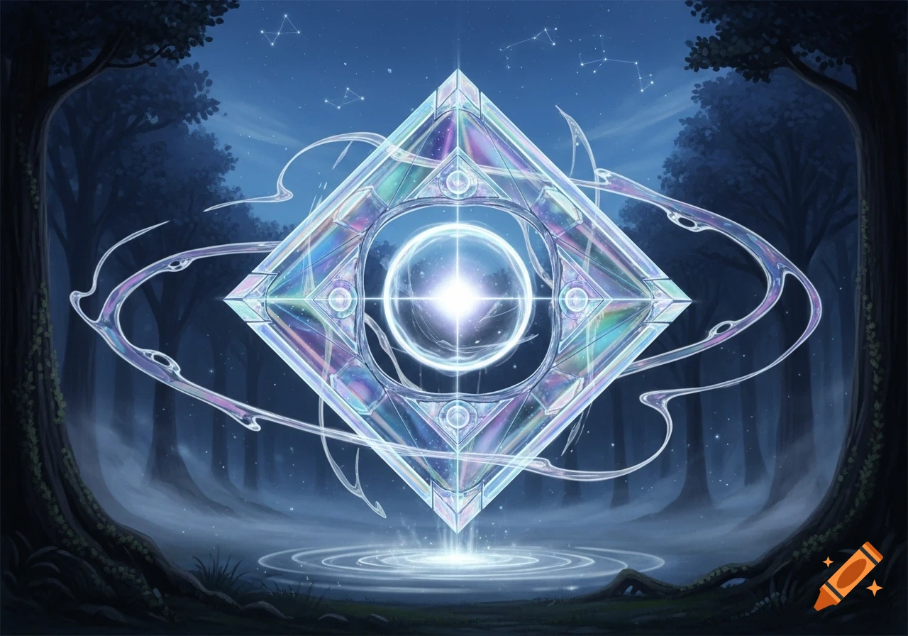 A glowing, iridescent crystal artifact floats in a mystical, moonlit forest, surrounded by ethereal energy and faint ripples on the ground.
