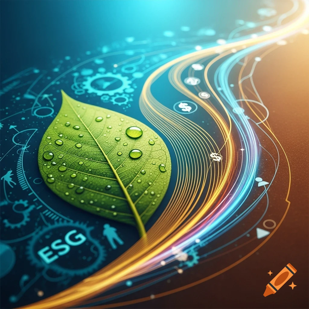 A green leaf with water droplets on a dark background, surrounded by glowing blue and orange digital lines, gears, and symbols, with the letters "ESG".