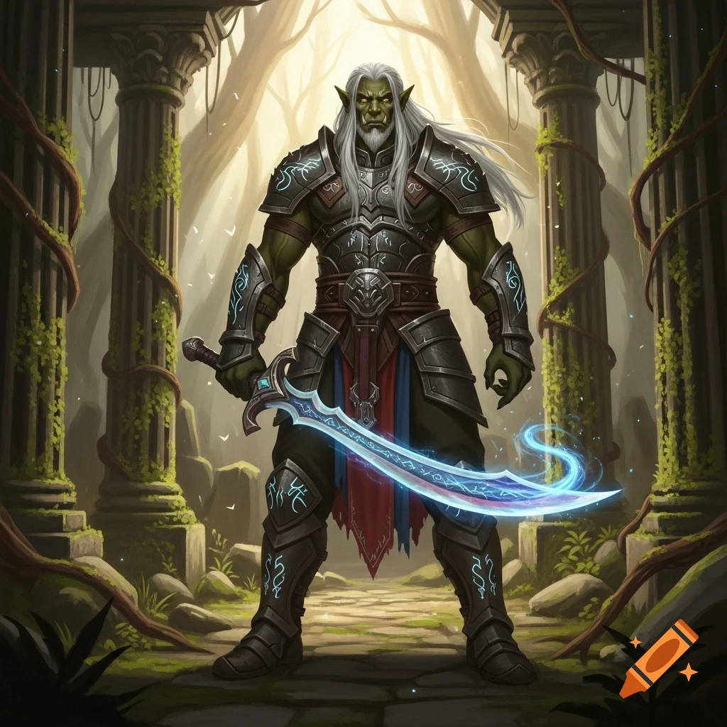 A green-skinned, white-haired half-orc fighter in ornate armor stands in ancient ruins, holding a glowing fantasy scimitar.