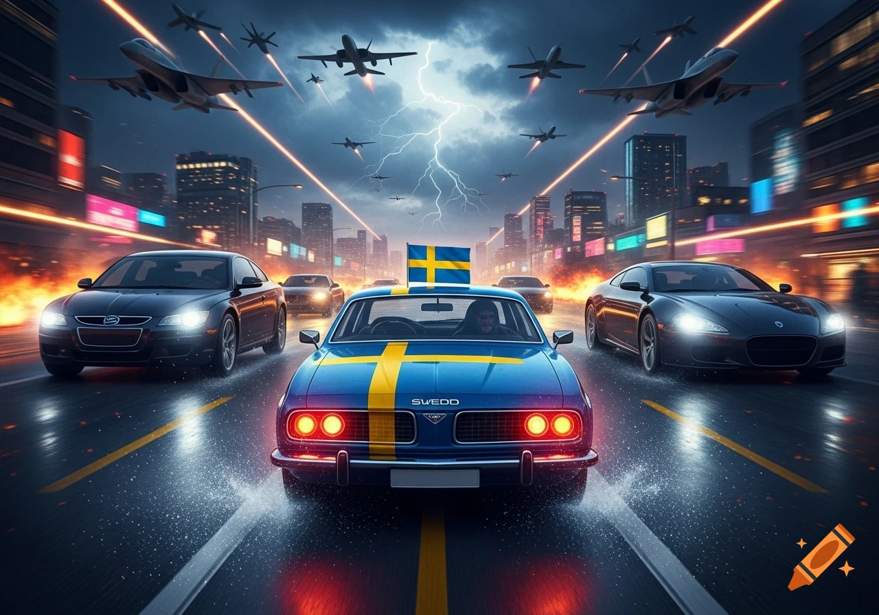 A blue car with a Swedish flag races down a wet city street at night, surrounded by other cars. Fighter jets fly above under a stormy, lightning-filled sky.