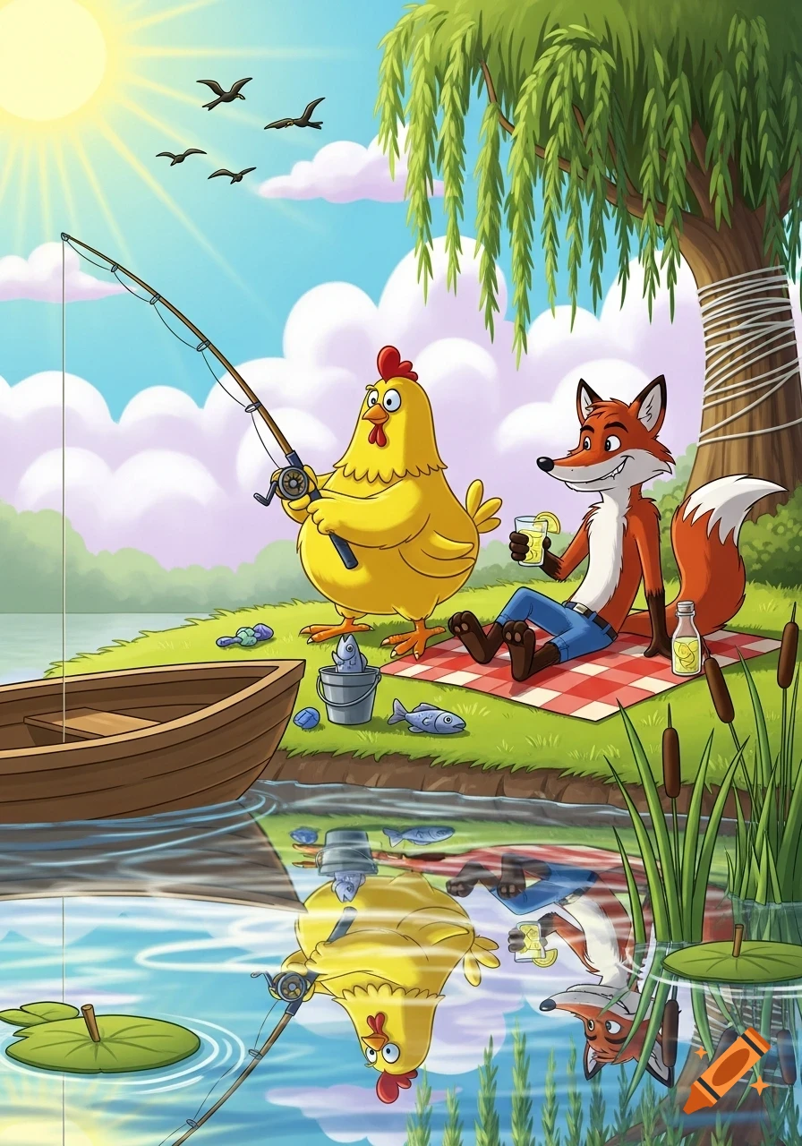 Cartoon chicken fishing from a riverbank while a fox relaxes on a picnic blanket nearby under a tree.