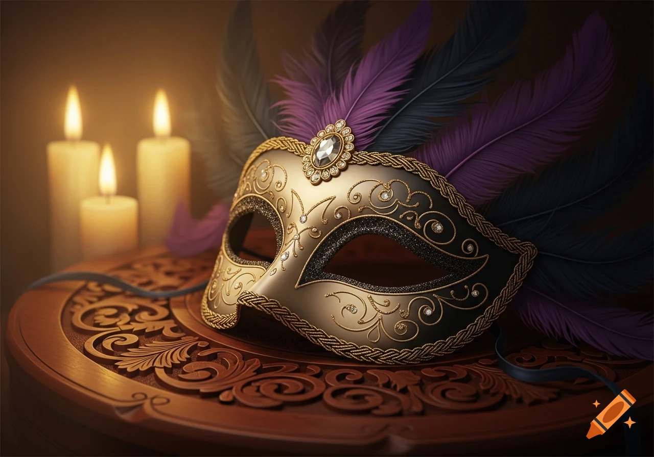 A decorative golden and black masquerade mask, embellished with gems and purple and black feathers, rests on a carved wooden table beside three glowing candles.