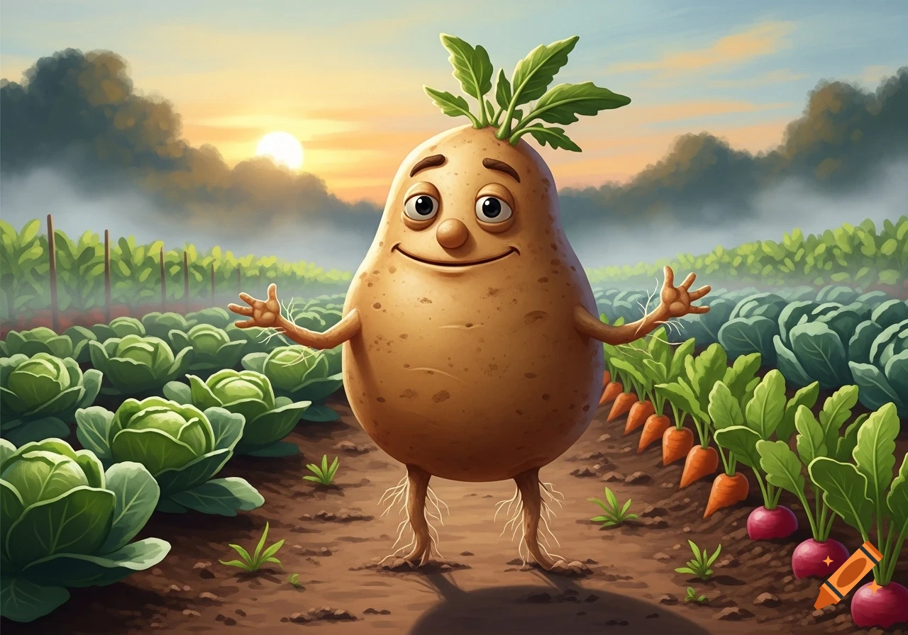 Happy cartoon potato character with root legs and leafy sprouts on its head, standing in a vibrant farm field at sunset.