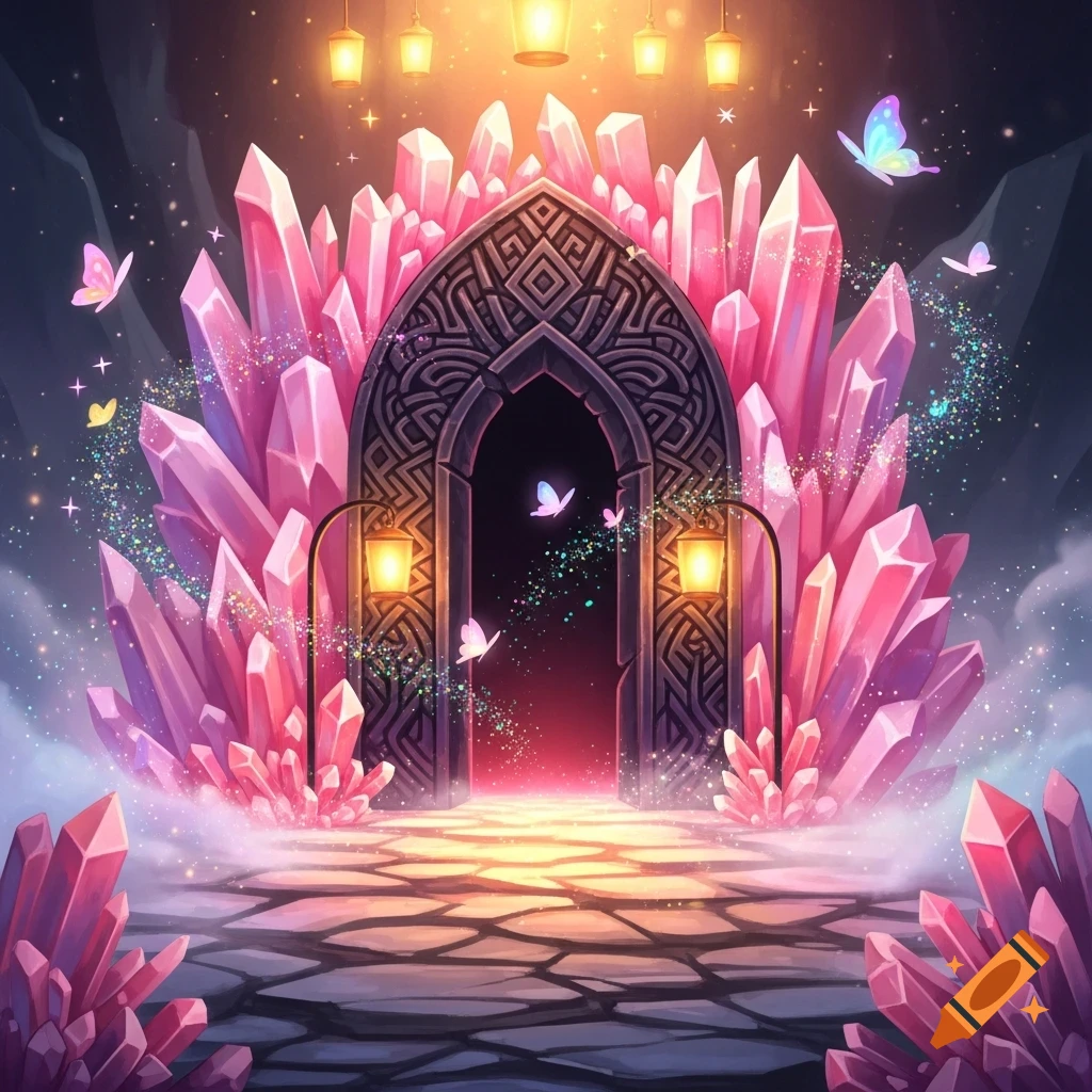 Vibrant fantasy entrance with a dark archway framed by glowing pink crystals, sparkling dust, lanterns, and butterflies.