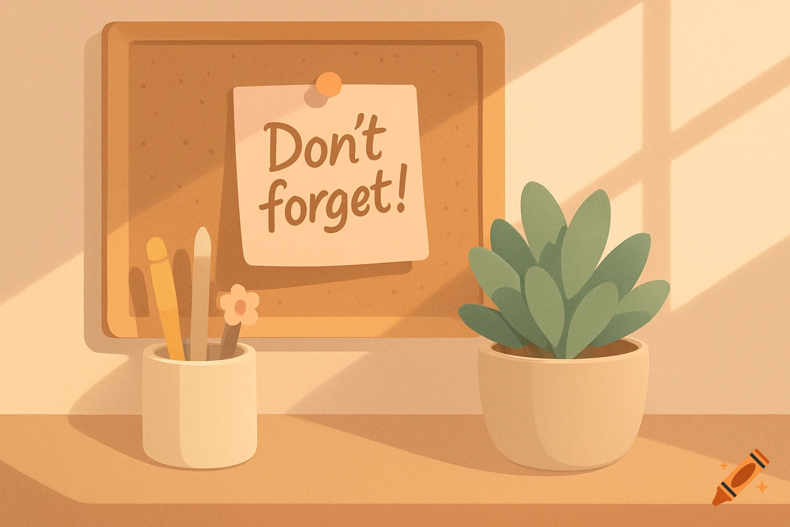 A cozy illustration of a desk with a corkboard featuring a 'Don't forget!' note, a potted plant, and pens.
