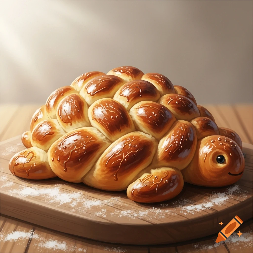 A golden-brown braided bread, shaped like a smiling turtle, sits on a wooden board with flour dust.