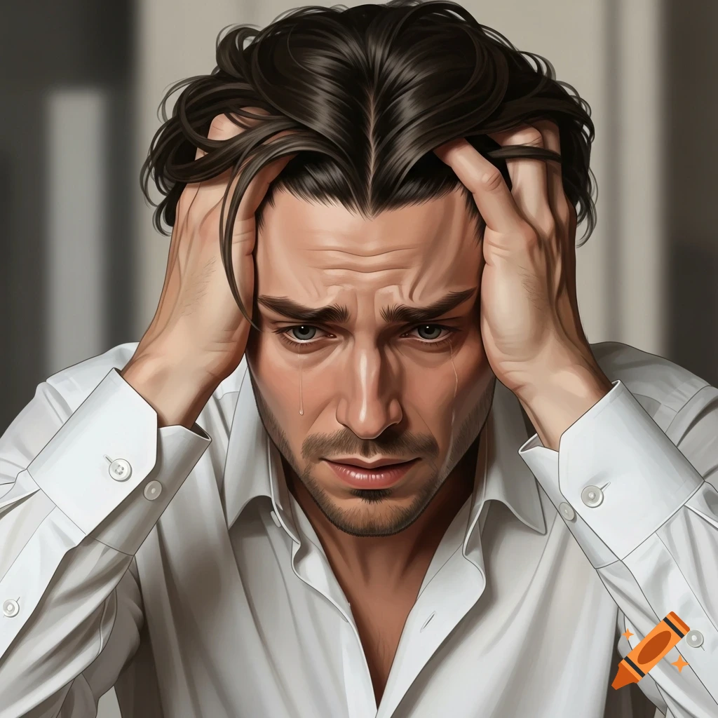 A distressed man in a white shirt, with tears on his face, clutches his head with both hands in a realistic illustration.