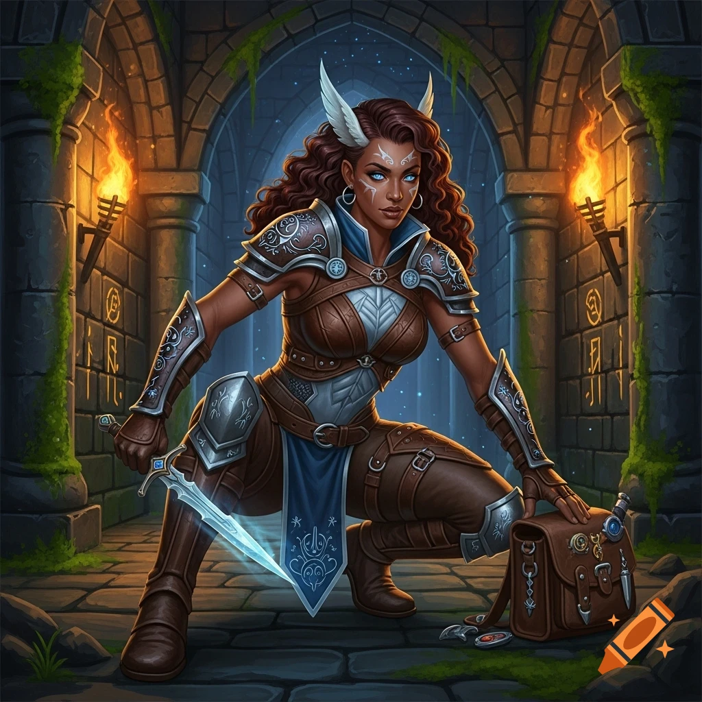 A dark-skinned female Aasimar rogue in fantasy armor with a glowing sword, crouching in a stone dungeon.