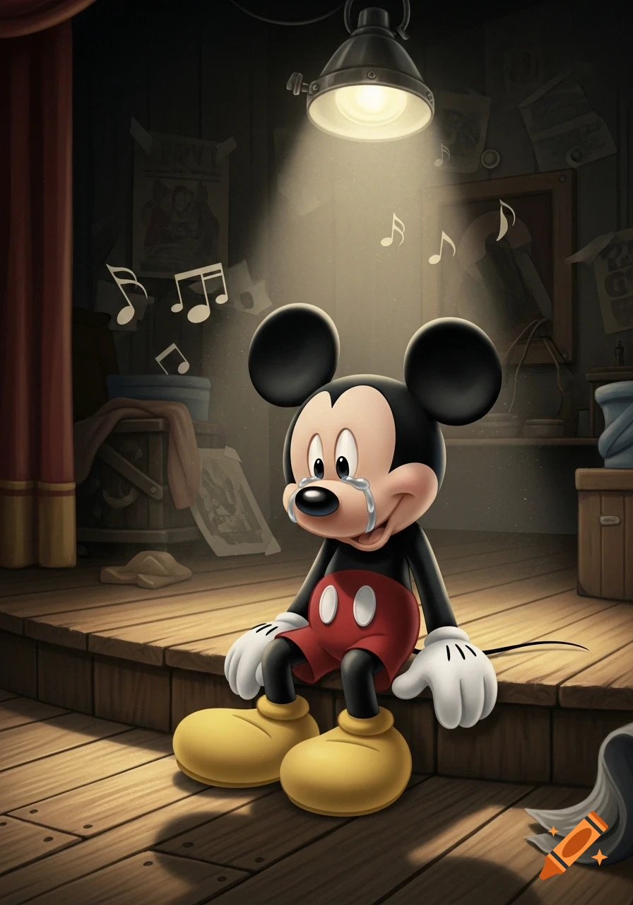 A crying Mickey Mouse sits on a wooden stage under a spotlight with musical notes, in an animated style.