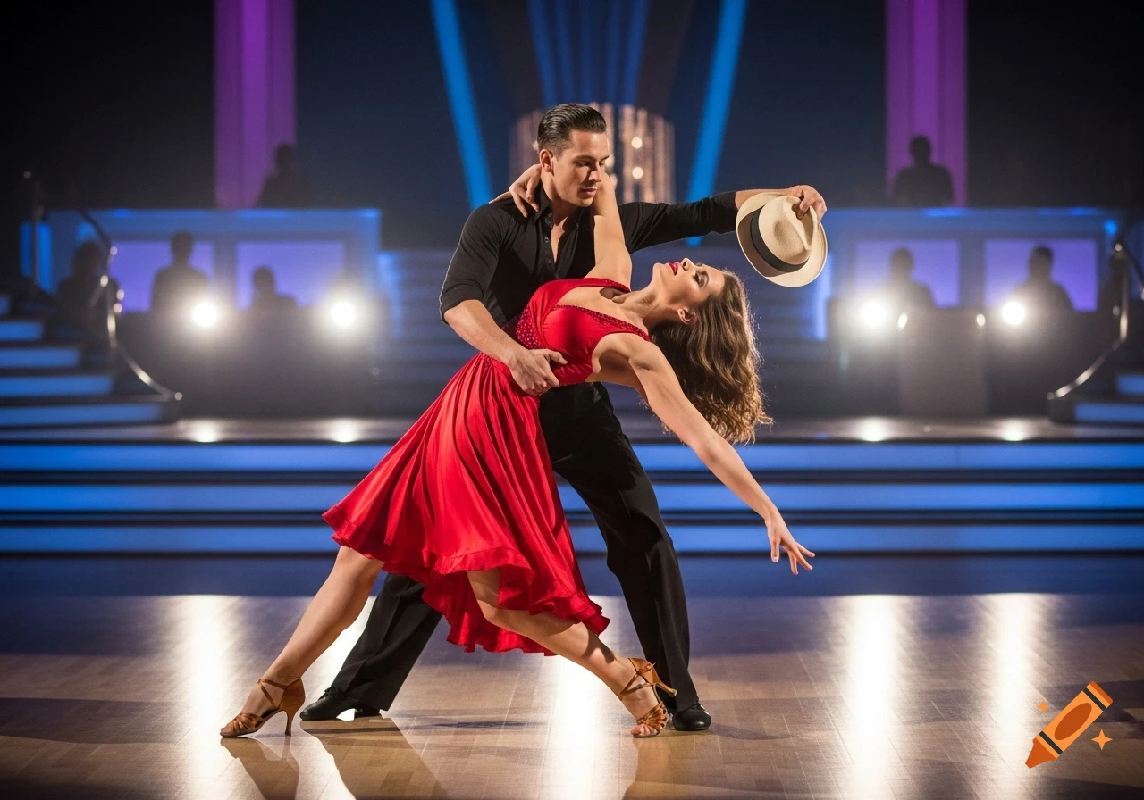 A photorealistic image of an elegant dance couple on a shiny stage. The woman in a red dress arches backward as the man holds her, holding a fedora.