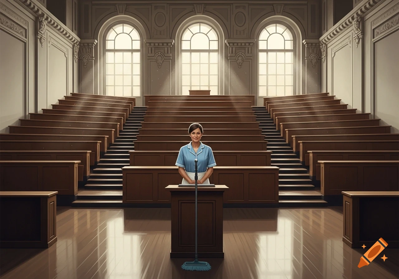 A cleaning lady in a blue uniform stands at a podium with a mop in a grand, empty lecture theatre with tiered seating and arched windows.