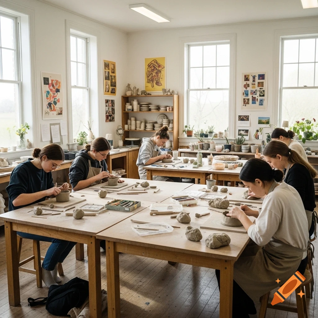 Several students diligently work with clay at wooden tables in a bright, spacious art room, making pottery.