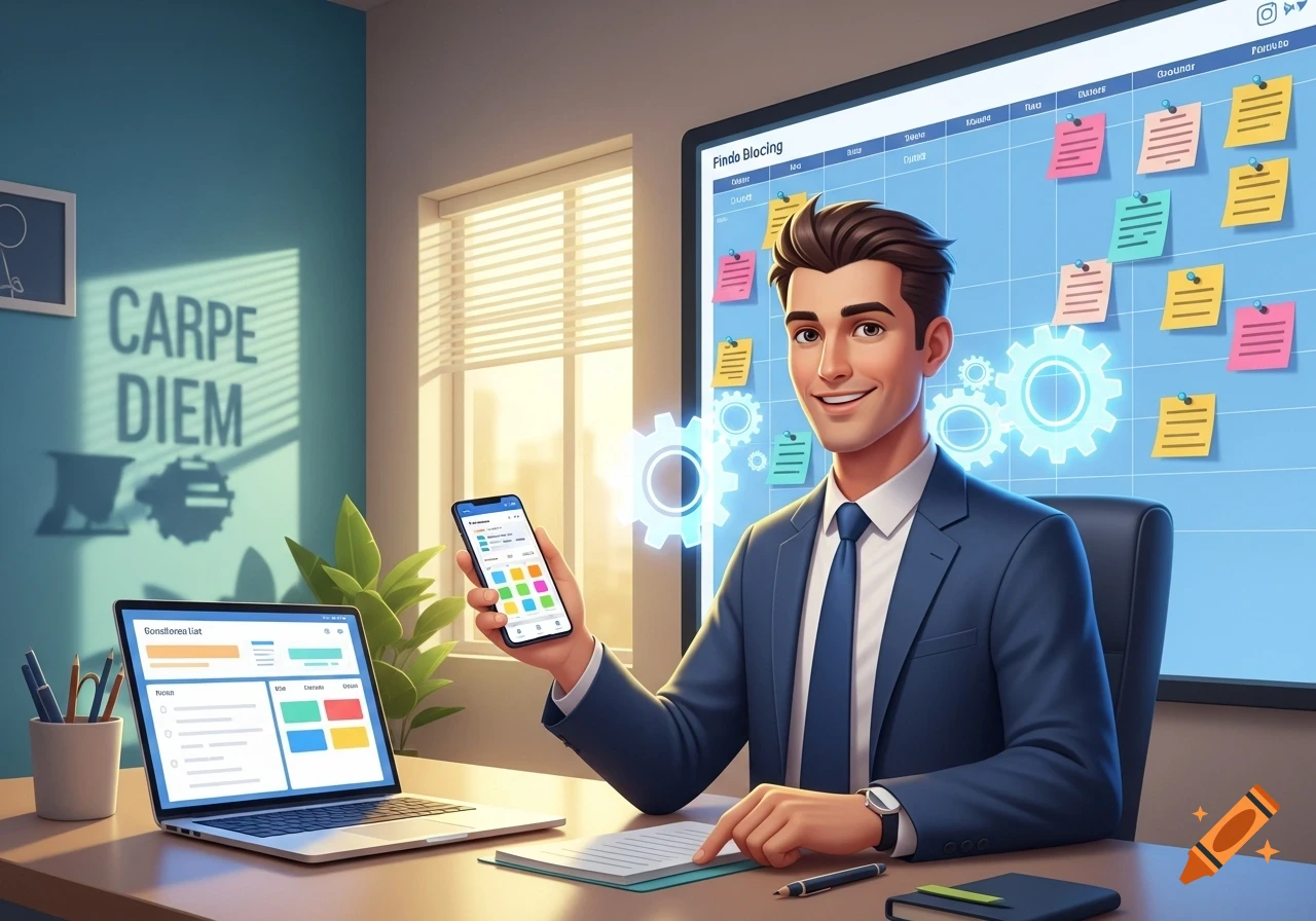A smiling cartoon businessman in a suit sits at a desk, holding a smartphone and pointing at papers, with a laptop and a large screen with sticky notes and gears behind him. The wall says "CARPE DIEM".