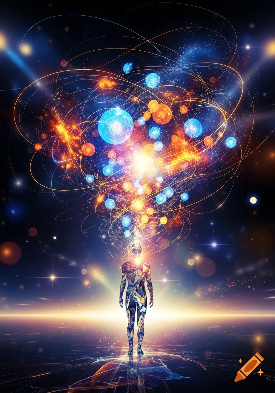 A crystalline humanoid stands in a dark cosmic space, emanating an explosion of colorful light and swirling energy from its head.