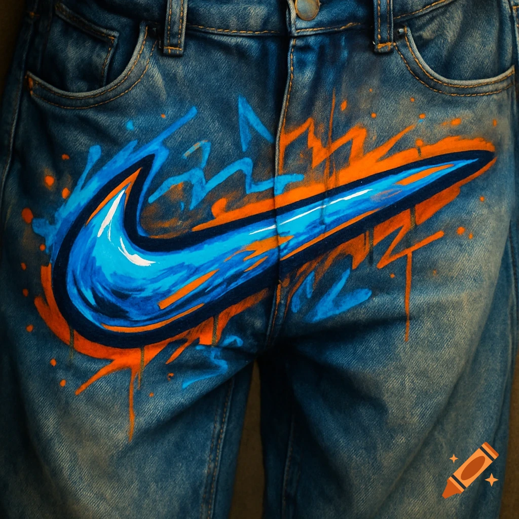 A close-up of blue denim jeans with a stylized, graffiti-like Nike swoosh logo in blue, orange, and white paint.