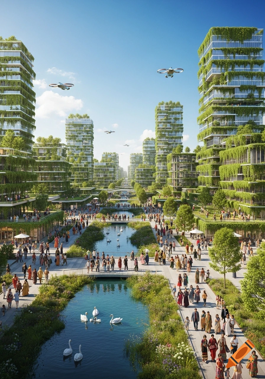 A vibrant futuristic city with green skyscrapers, canals, drones, and crowds of diverse people walking on promenades under a clear sky.