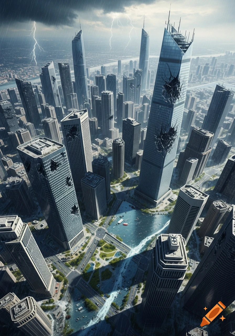 Aerial view of a modern cityscape with damaged skyscrapers, flooded streets, and heavy rain under a stormy sky with lightning.