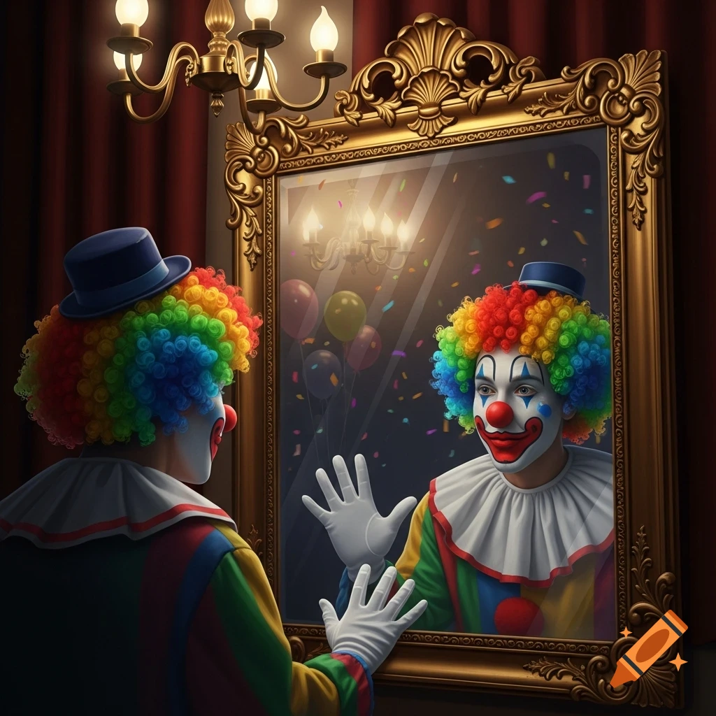 A clown with a rainbow wig and blue hat stands before an ornate gold mirror, seeing his painted face reflection.