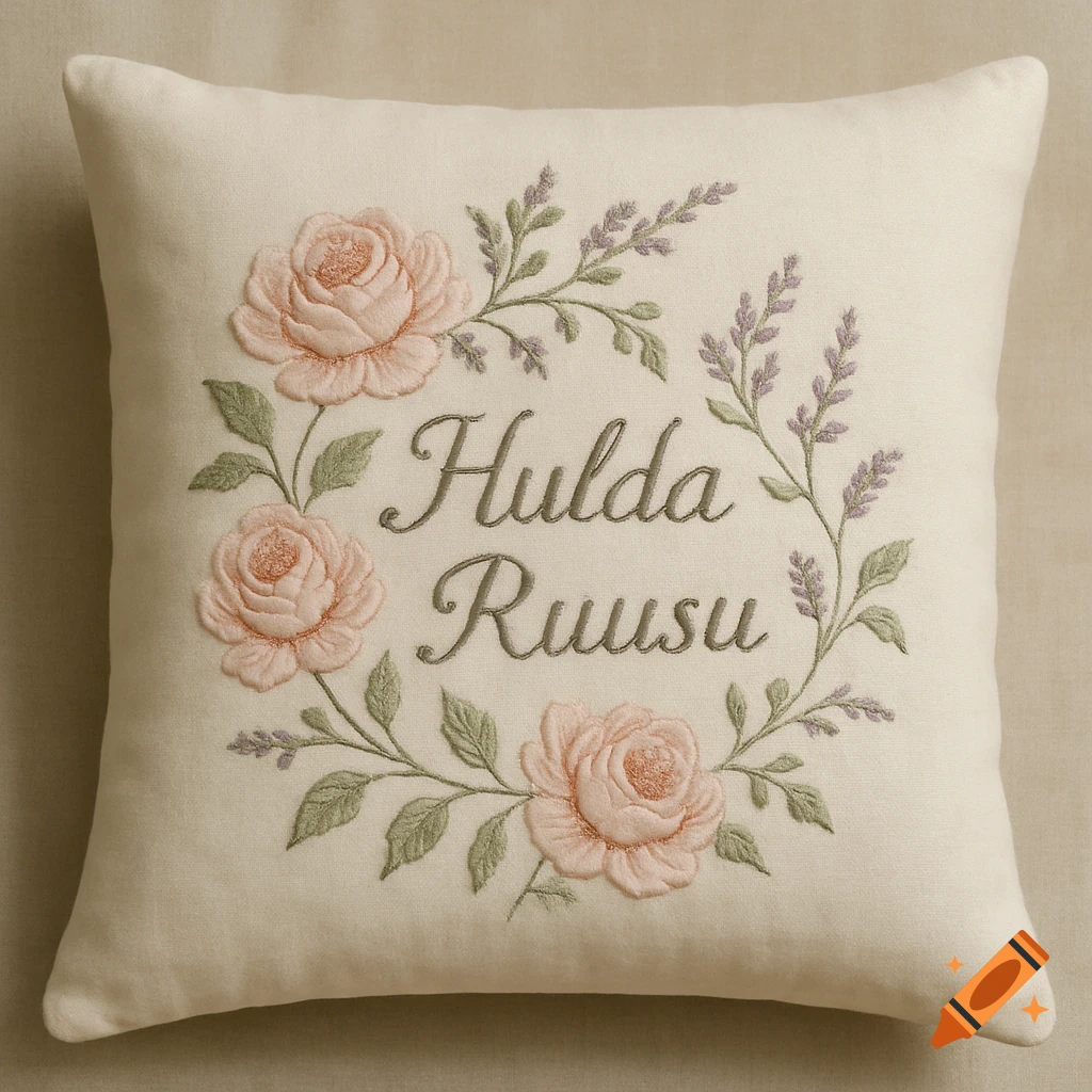 Close-up of a cream-colored pillow with embroidered pink roses, lavender, and the text 'Hulda Ruusu' in a floral wreath.