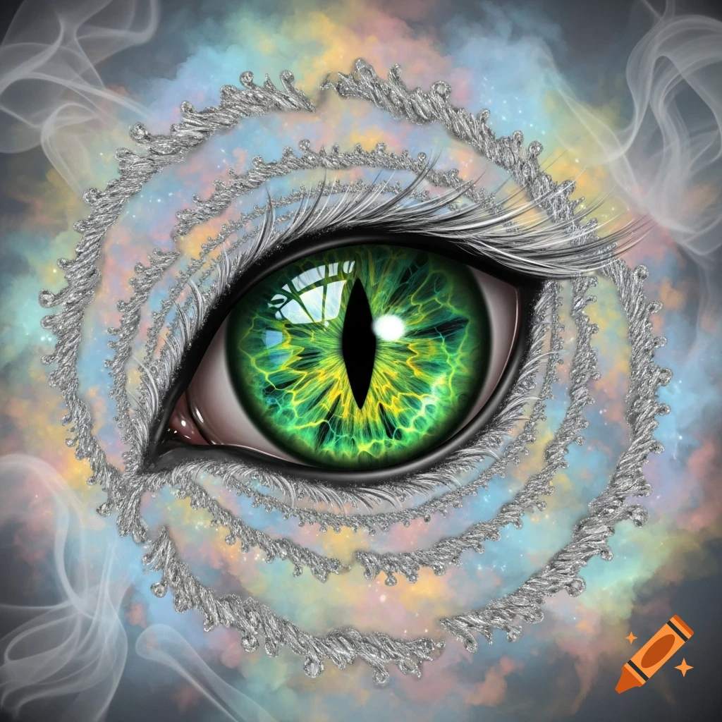 Vibrant green cat-like eye with a vertical pupil, surrounded by swirling silver patterns and colorful smoke on an abstract background.