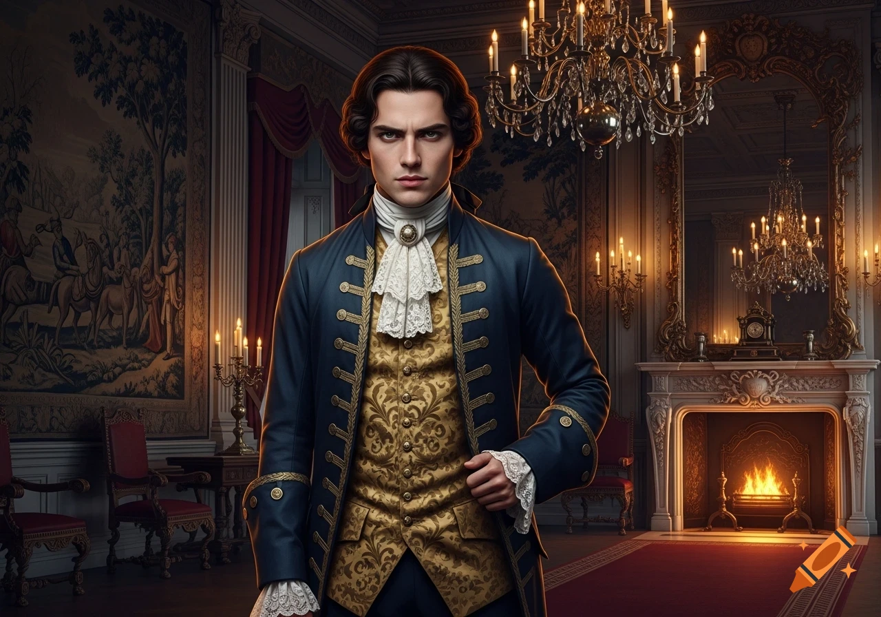 Photorealistic portrait of an unhappy young man in 18th-century blue and gold attire, standing in a grand candlelit room.