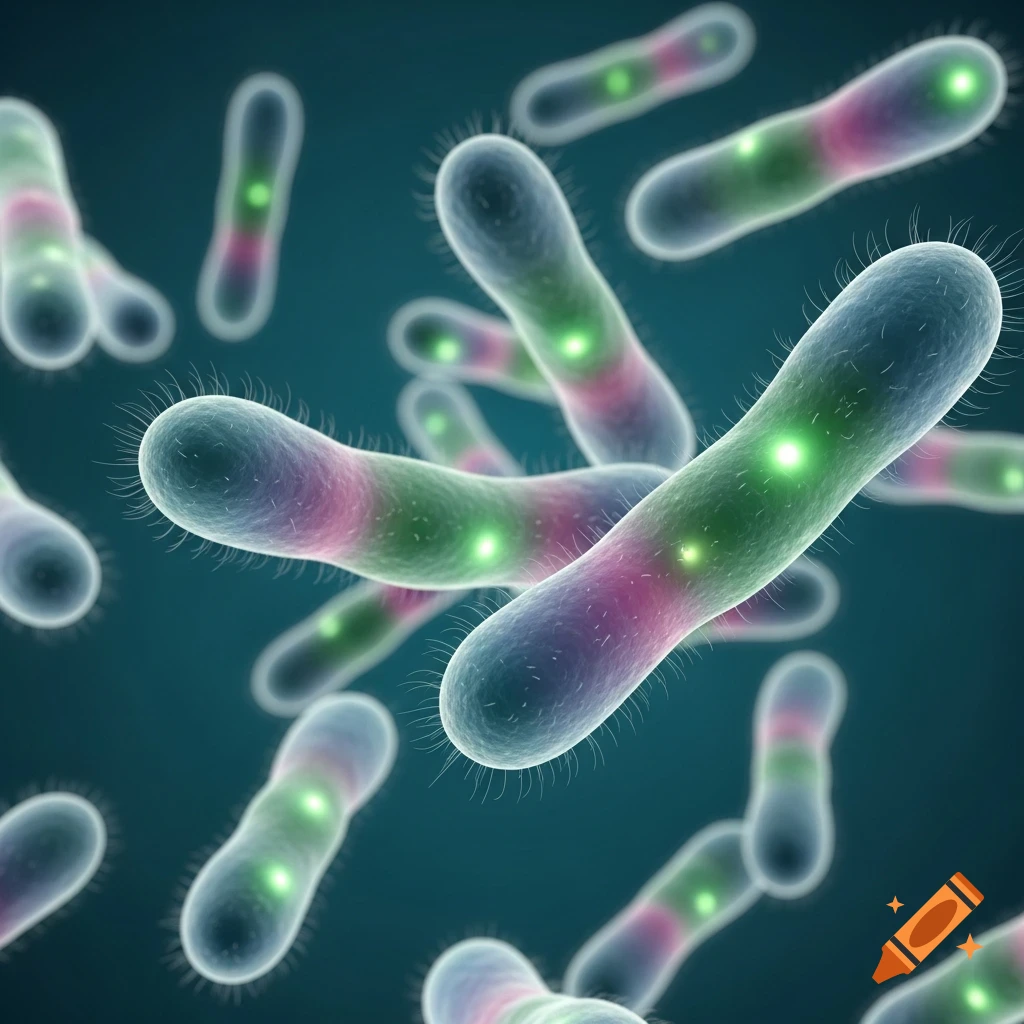 Close-up of numerous glowing, rod-shaped bacteria with green and purple gradients on a dark blue background.