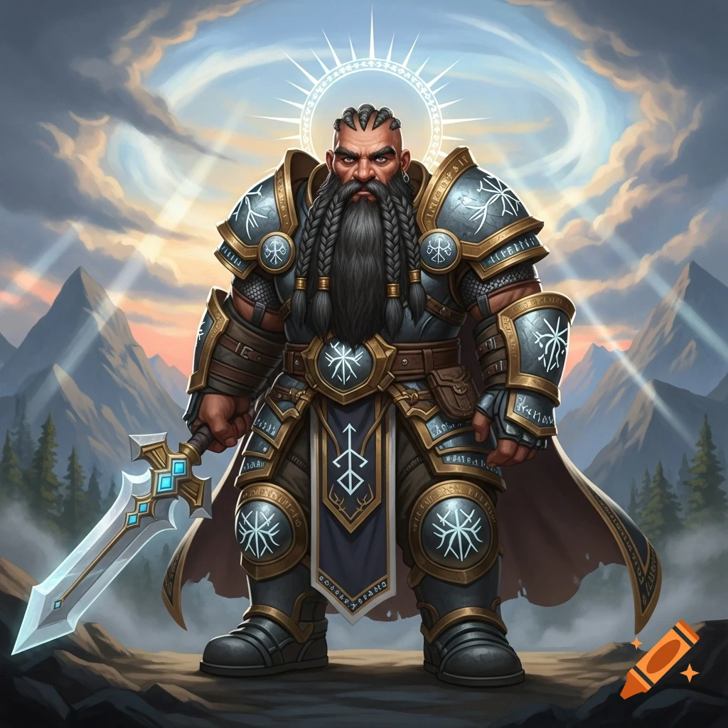 A heavily armored fantasy dwarf warrior with a braided beard holds a glowing sword, standing heroically in a mountain landscape under a halo of light.