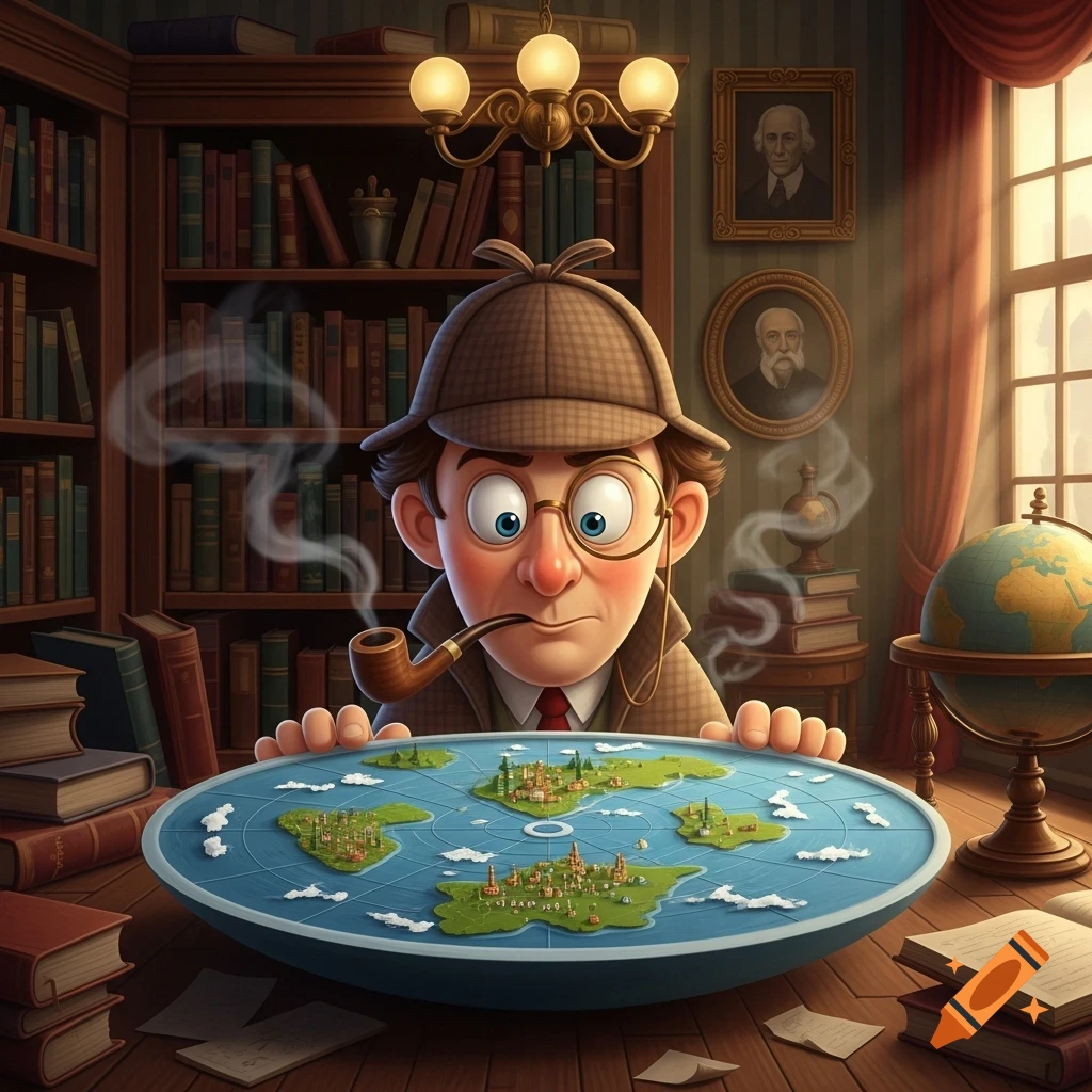 A cartoon detective character in a deerstalker hat and monocle looks confused at a flat earth model in a cozy library.