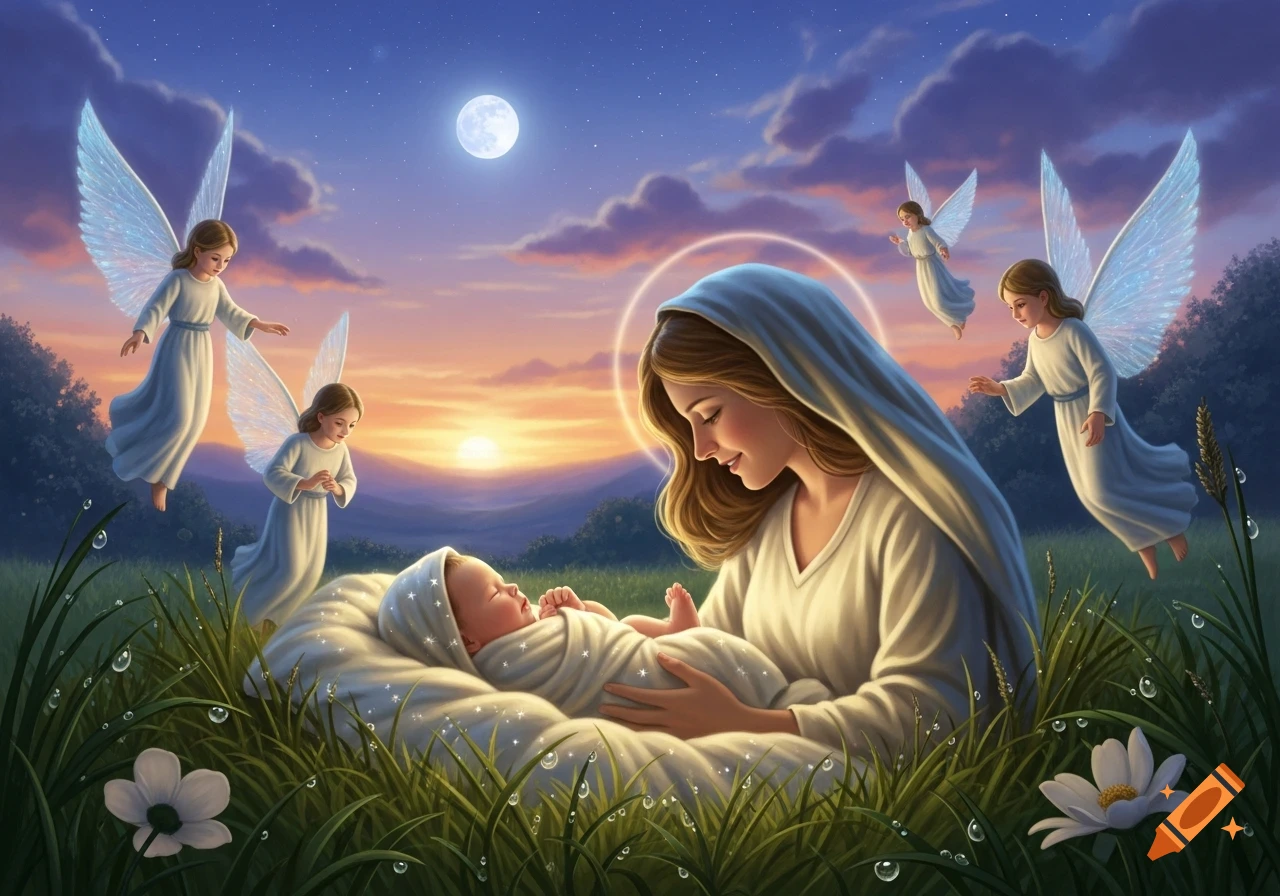 Mary holds baby Jesus in a grassy field at sunset, surrounded by four winged angels under a full moon.