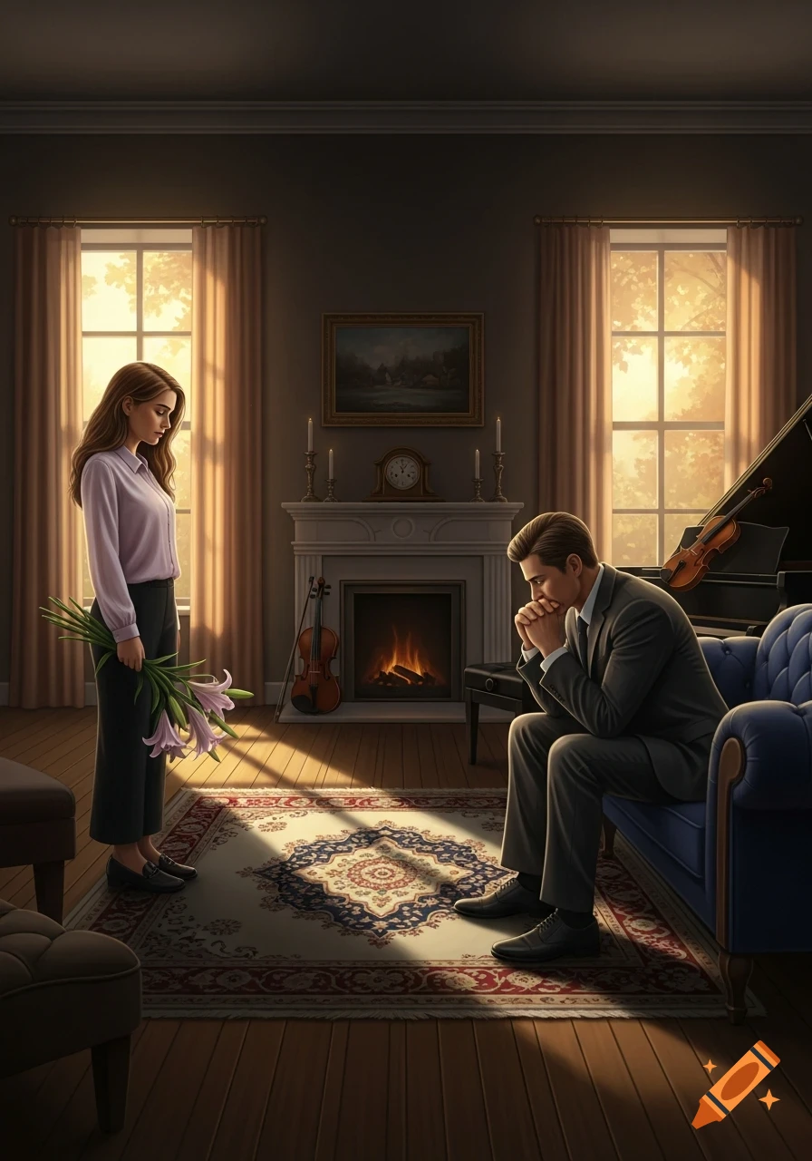 A man sits sadly on a blue couch while a woman holding lilies stands across from him in a formal living room.
