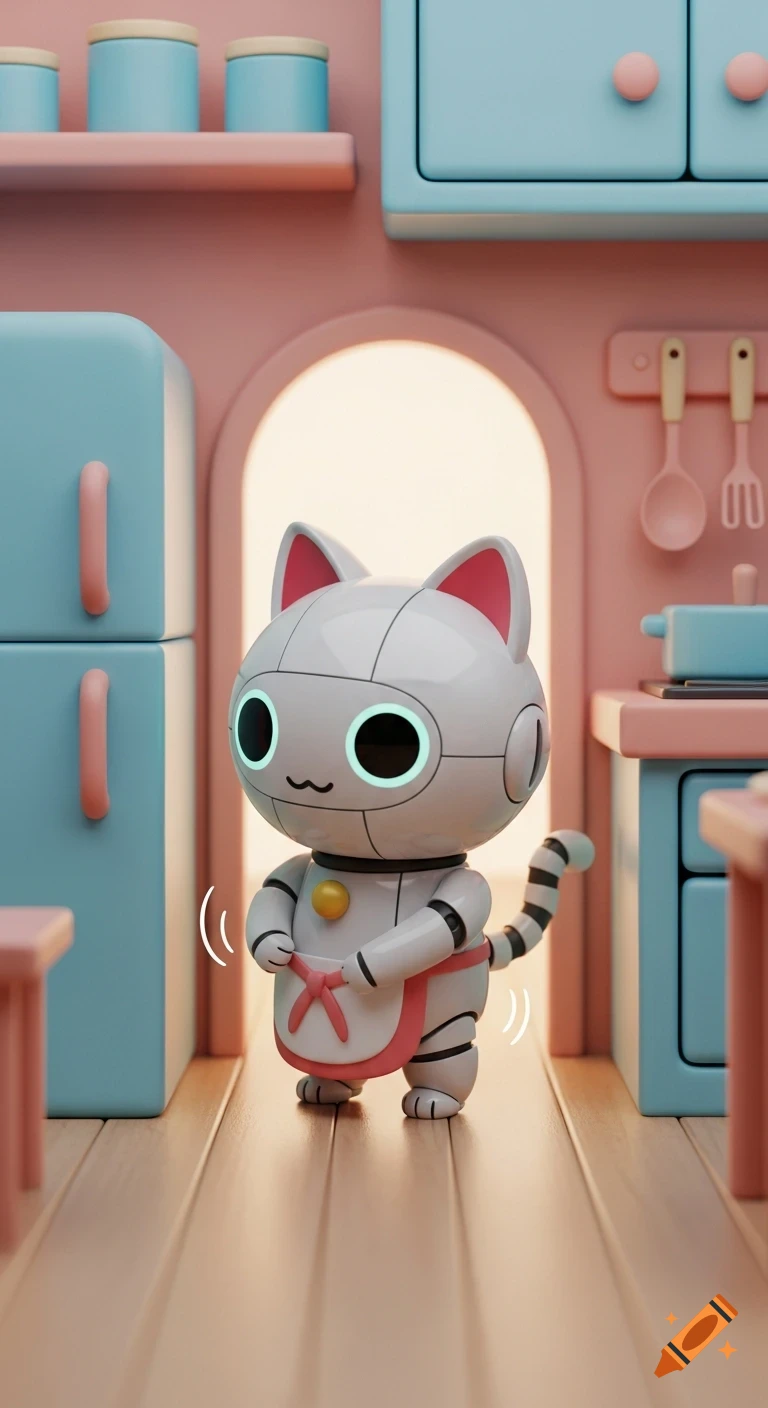 A cute robot cat wearing a pink apron stands in a pastel toy-like kitchen, rendered in a 3D illustration style.