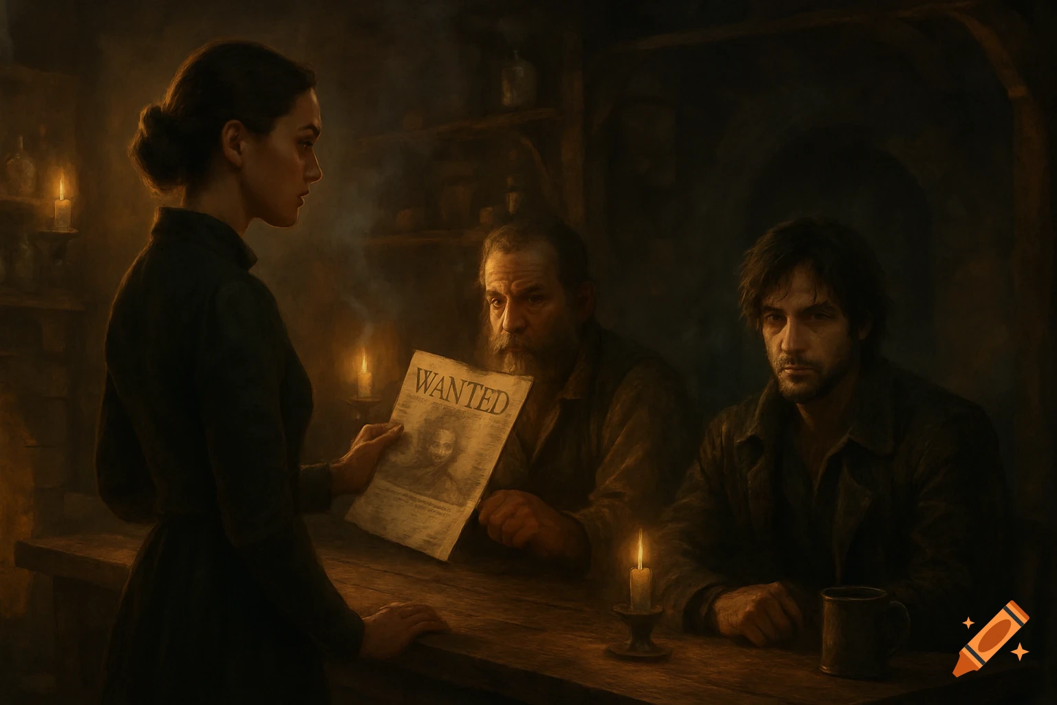 A woman in a dark dress holds a 'WANTED' poster towards two men at a dimly lit wooden table in a rustic setting, illuminated by candlelight.