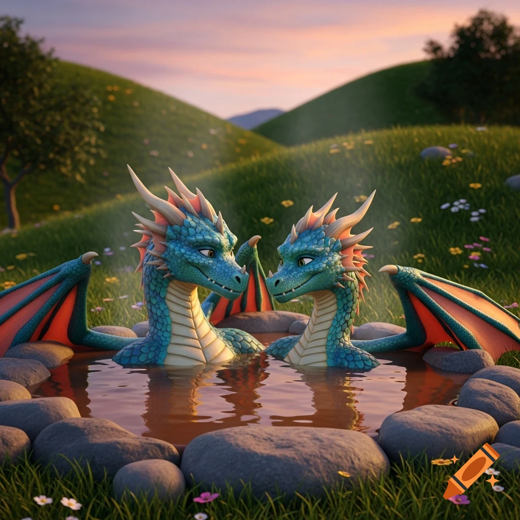 Two blue and orange cartoon dragons relax in a muddy hot tub, set against a grassy hill landscape with flowers at sunset.
