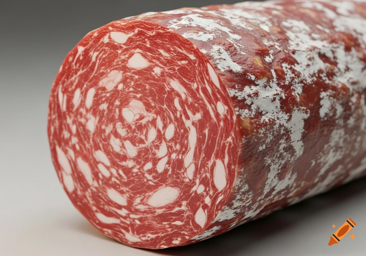 Close-up of a dry-cured sausage (fuet) with red meat and white fat swirls, covered in a white moldy casing.