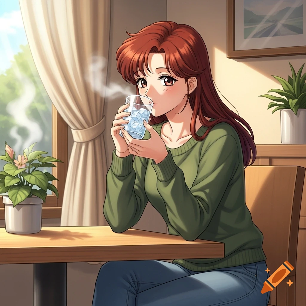 Anime girl resembling Sailor Jupiter, Makoto Kino, wearing casual clothes and drinking a glass of ice water at a table indoors.