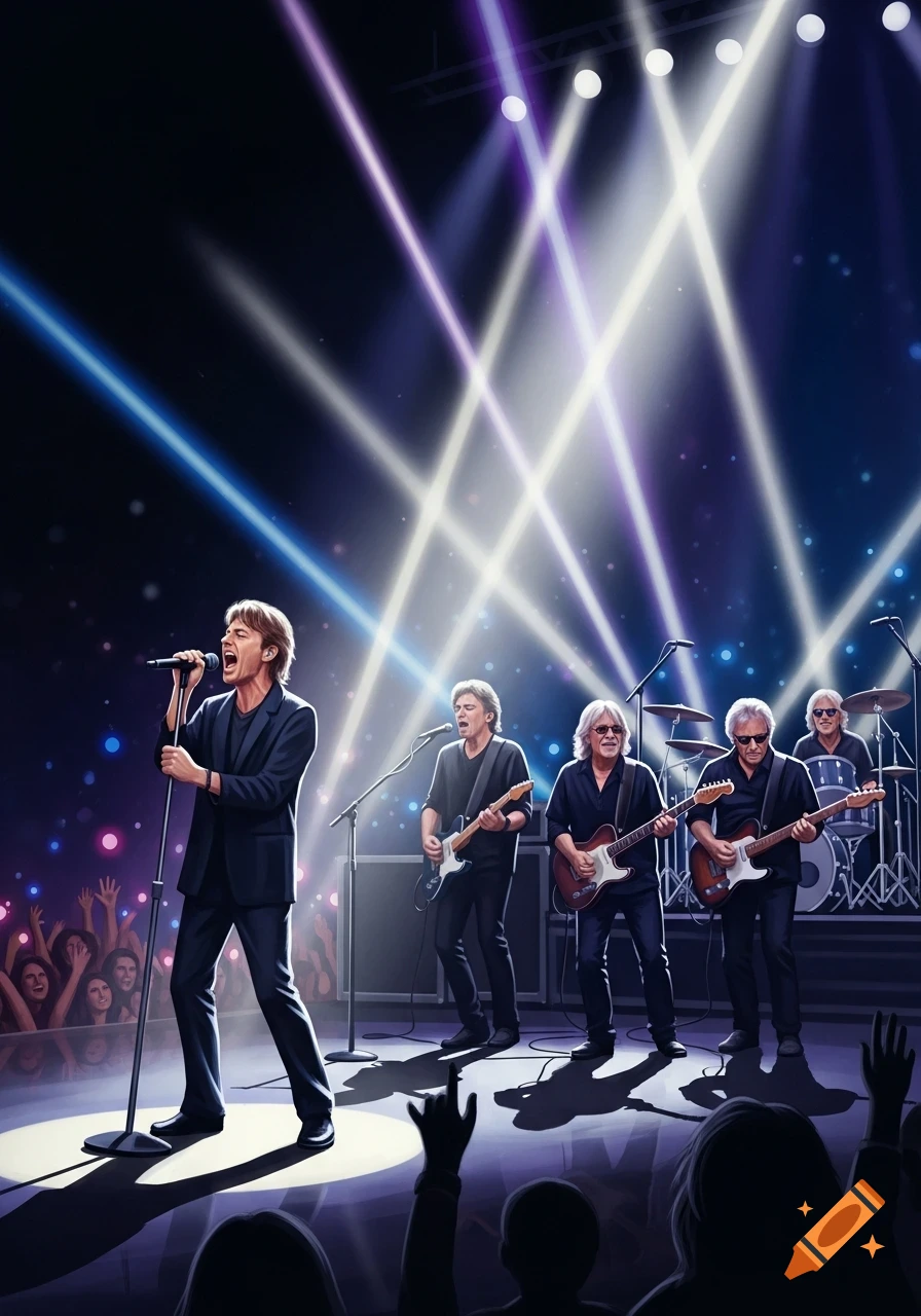 A five-piece band performs on a dark stage illuminated by bright spotlights, with an audience visible in the foreground.