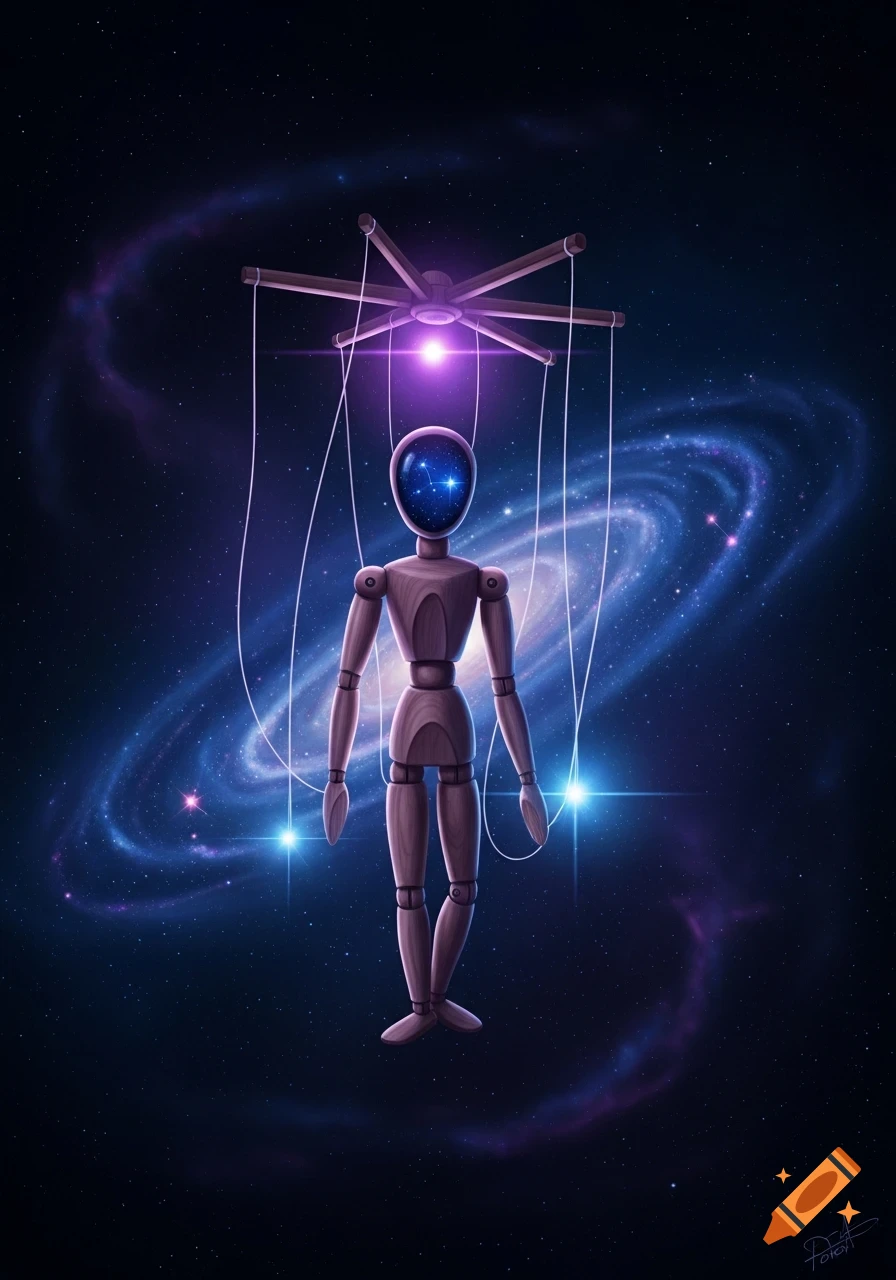 A wooden puppet with a galaxy inside its glass head, suspended by strings against a vibrant purple and blue cosmic backdrop.