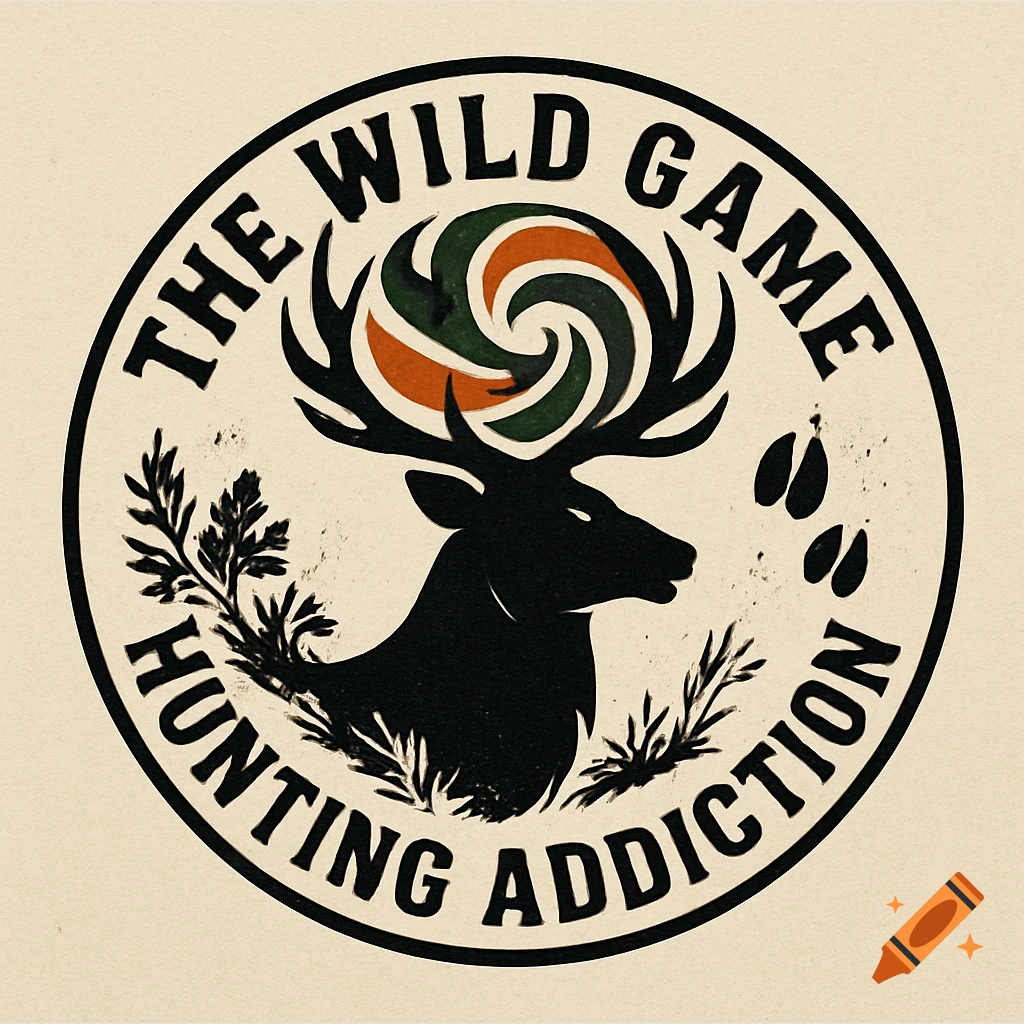 A circular logo featuring a black deer silhouette with stylized antlers and text 'THE WILD GAME HUNTING ADDICTION' in a distressed style.